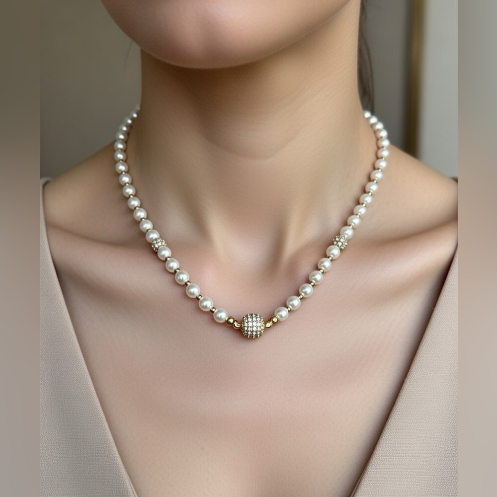 Beaded Small Pearl Necklace, 16”